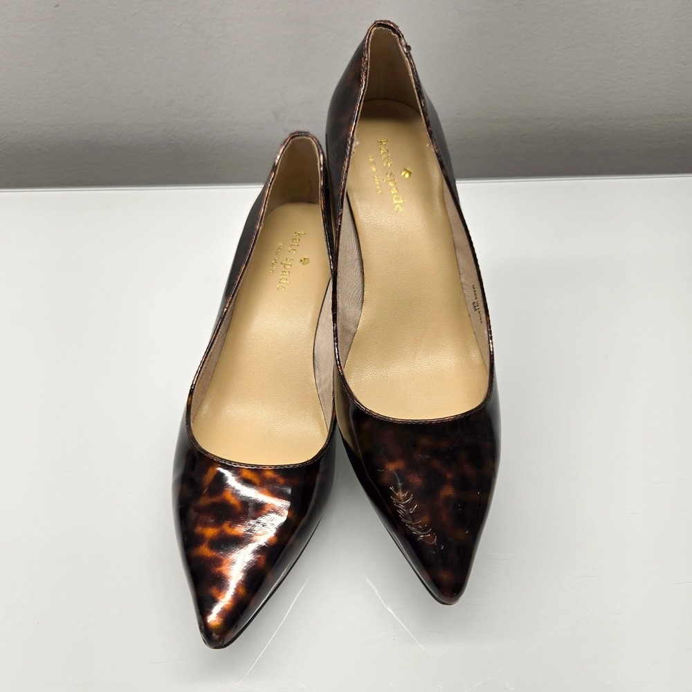 Kate Spade Sonia Kitten Heel Pumps 6M Tortoise Shell Patent Leather Pointed Toe